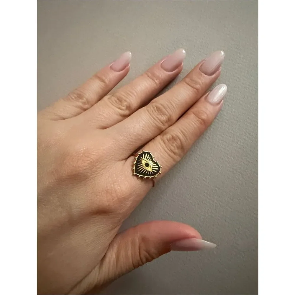 Gold Eye Heart Ring with Black Enamel A2012